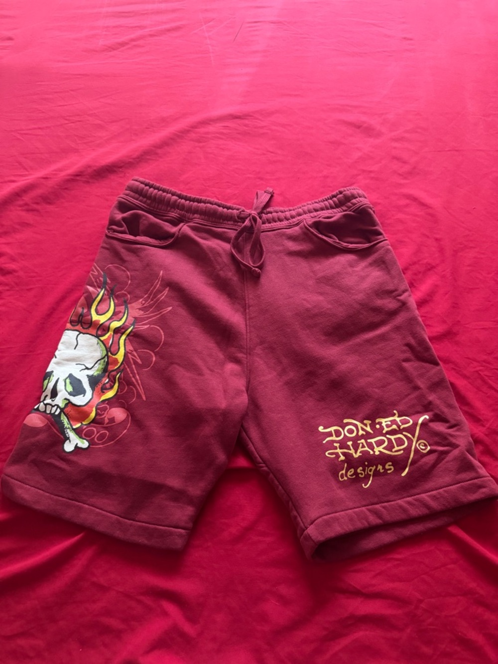 Ed Hardy Men's Maroon Skull Flame Logo Athletic Shorts
